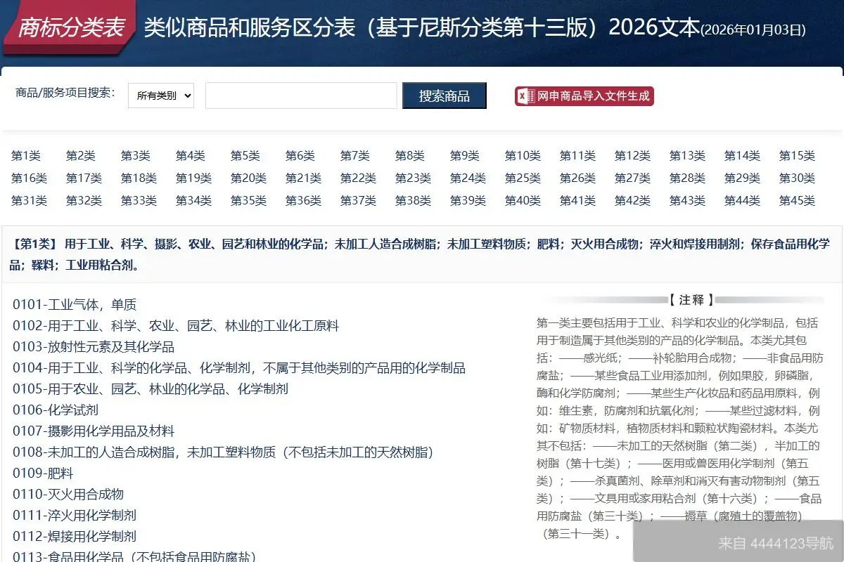 商标分类表 网站首页截图