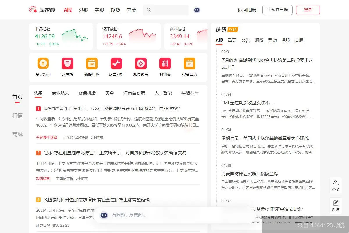 同花顺财经 网站首页截图